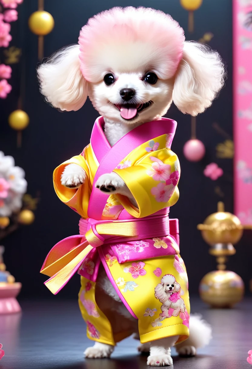 A poodle puppy from space、They are laughing and dancing in pink and yellow Japanese kimonos，Extremely funny hip hop，punk，,Concept Design, Character Table、８K