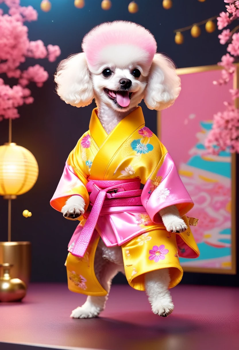 A poodle puppy from space、They are laughing and dancing in pink and yellow Japanese kimonos，Extremely funny hip hop，punk，,Concept Design, Character Table、８K