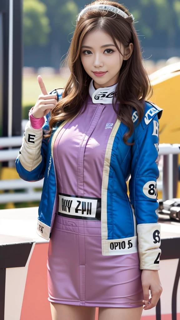 masterpiece, Highest quality, Realistic, Highly detailed CG integrates 8K, 8K,(Very beautiful face, Beautiful Lips, Beautiful Eyes), Exquisitely detailed face,1 Girl, Very beautiful girl,Exquisite eye makeup,Subtle eye detail,The best example of four fingers and one thumb,Toned figure,Nice and beautiful smile,明るいLong Hair,transparent, Quality hair,(masterpiece, Highest quality:1.2),alone,The eyes are exquisite and delicate,Brown Hair、Long Hair、Pink Lips,blue eyes,Big Breasts、Wavy Hair、(((Race Queen:1.5)))、Japanese、25-year-old female