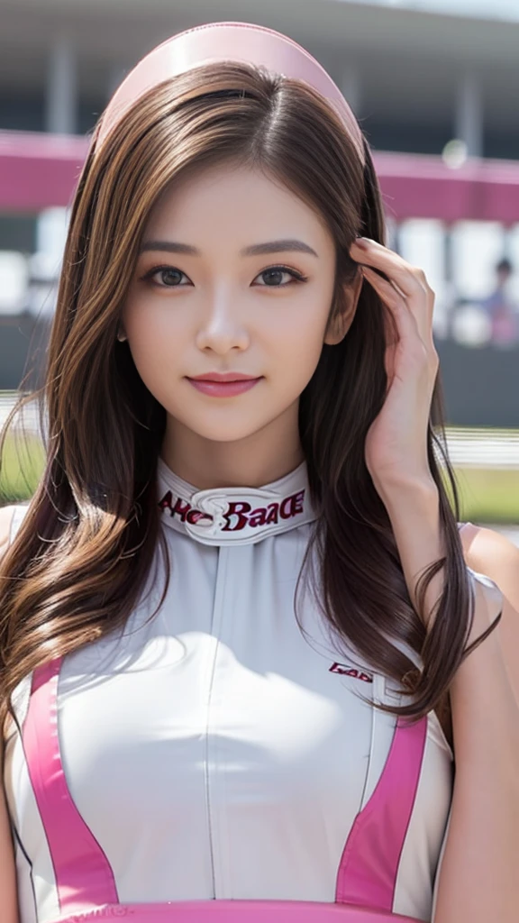masterpiece, Highest quality, Realistic, Highly detailed CG integrates 8K, 8K,(Very beautiful face, Beautiful Lips, Beautiful Eyes), Exquisitely detailed face,1 Girl, Very beautiful girl,Exquisite eye makeup,Subtle eye detail,The best example of four fingers and one thumb,Toned figure,Nice and beautiful smile,明るいLong Hair,transparent, Quality hair,(masterpiece, Highest quality:1.2),alone,The eyes are exquisite and delicate,Brown Hair、Long Hair、Pink Lips,blue eyes,Big Breasts、Wavy Hair、(((Race Queen:1.5)))、Japanese、25-year-old female