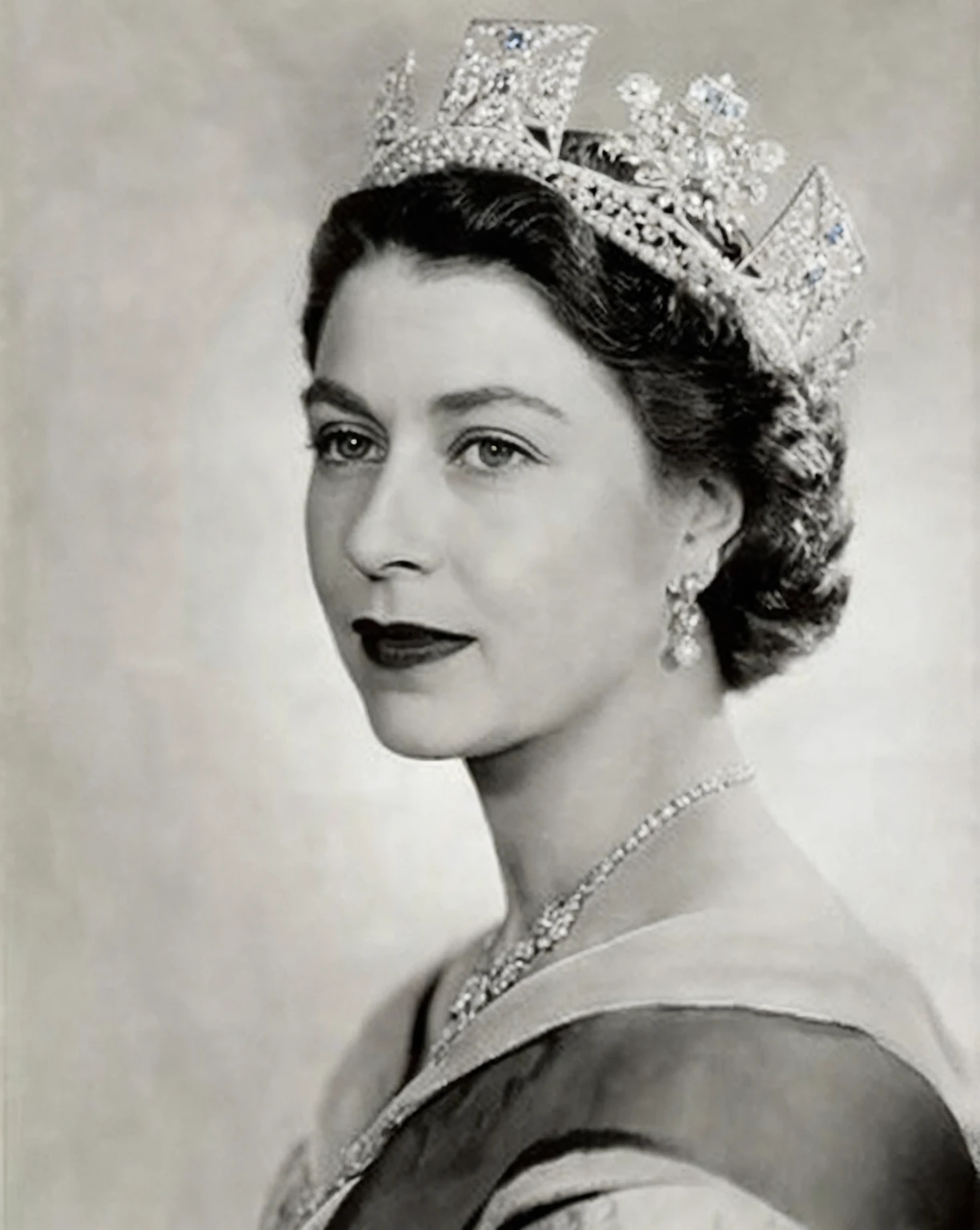 a close up of a woman wearing a tiara and a blue gold dress, queen elizabeth ii, queen of england, portrait of queen elizabeth ii, queen elizabeth, portrait of queen, portrait of a queen, royal portrait, wearing a diamond crown, queen chess piece photo portrait, god save the queen!!!, beautiful queen, portrait of queen of dreams, official photo portrait