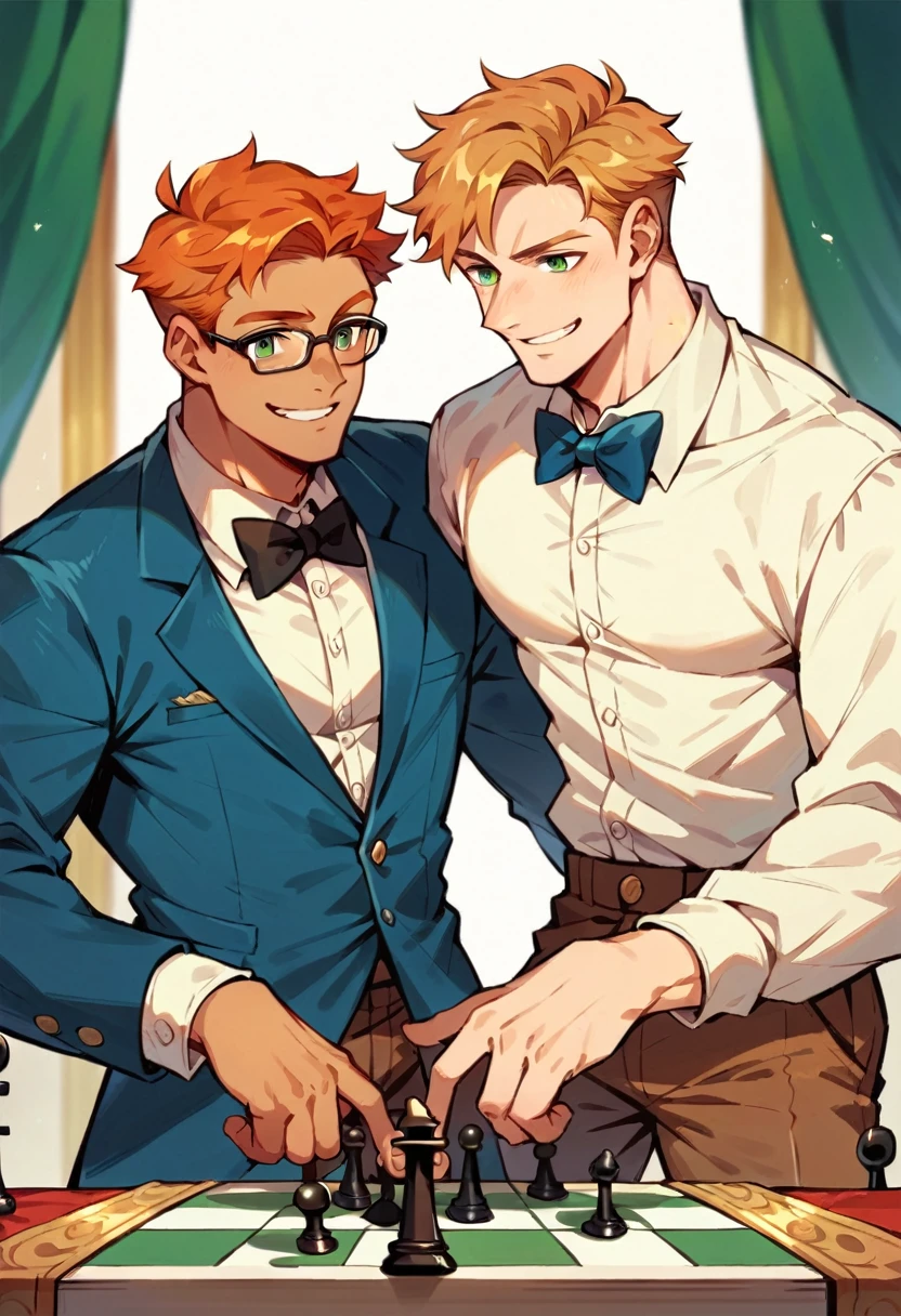 2 men, Handsome ginger haired man with green eyes wearing glasses and a black and blue fantasy attire smiling and playing chess with a handsome blonde haired man wearing a tan shirt and brown pants and a bowtie, living room background 
