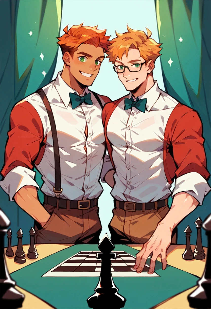 2 men, Handsome ginger haired man with green eyes wearing glasses and a black and blue fantasy attire smiling and playing chess with a handsome blonde haired man wearing a tan shirt and brown pants and a bowtie, living room background 