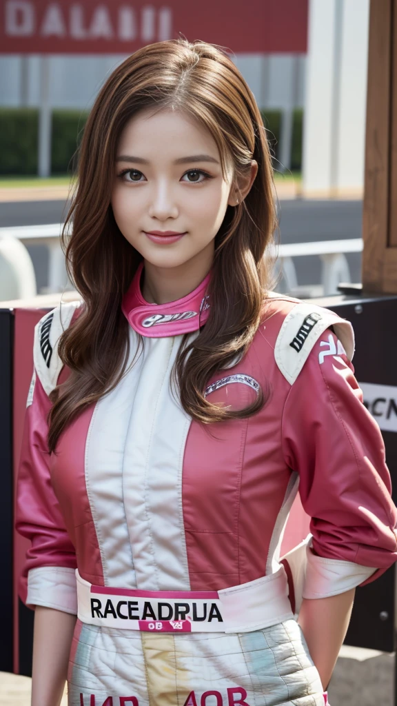 masterpiece, Highest quality, Realistic, Highly detailed CG integrates 8K, 8K,(Very beautiful face, Beautiful Lips, Beautiful Eyes), Exquisitely detailed face,1 Girl, Very beautiful girl,Exquisite eye makeup,Subtle eye detail,The best example of four fingers and one thumb,Toned figure,Nice and beautiful smile,明るいLong Hair,transparent, Quality hair,(masterpiece, Highest quality:1.2),alone,The eyes are exquisite and delicate,Brown Hair、Long Hair、Pink Lips,blue eyes,Big Breasts、Wavy Hair、(((Race Queen:1.5)))、Japanese、25-year-old female