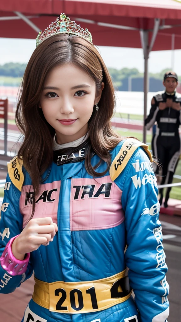 masterpiece, Highest quality, Realistic, Highly detailed CG integrates 8K, 8K,(Very beautiful face, Beautiful Lips, Beautiful Eyes), Exquisitely detailed face,1 Girl, Very beautiful girl,Exquisite eye makeup,Subtle eye detail,The best example of four fingers and one thumb,Toned figure,Nice and beautiful smile,明るいLong Hair,transparent, Quality hair,(masterpiece, Highest quality:1.2),alone,The eyes are exquisite and delicate,Brown Hair、Long Hair、Pink Lips,blue eyes,Big Breasts、Wavy Hair、(((Race Queen:1.5)))、Japanese、25-year-old female