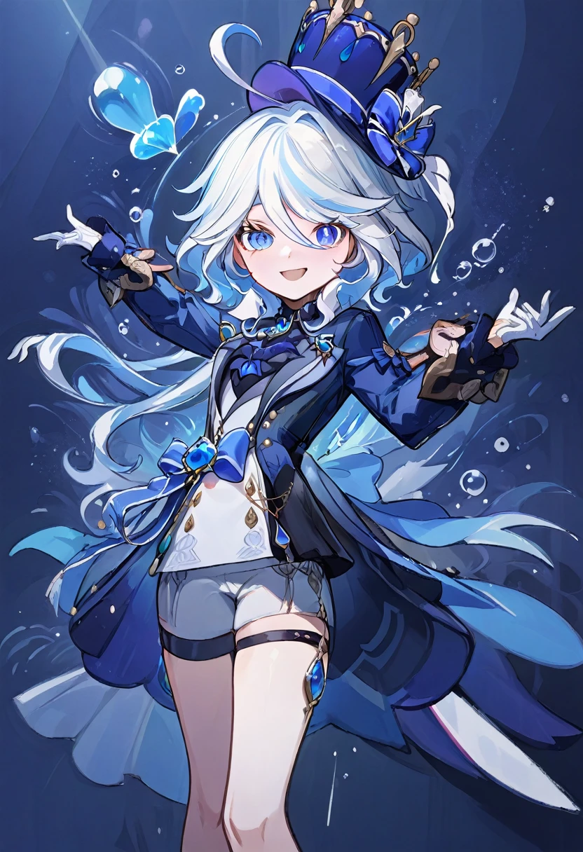 furina,1girl, blue eyes, solo, hat, long hair, looking at viewer, smile, blue hair, bangs, bubble, hair between eyes, white hair, , closed mouth, crown, multicolored hair, air bubble, light rays, ribbon, virtual youtuber, gem(best quality), ((masterpiece)), (highres), (an extremely delicate and beautiful), Instead of furina's default outfit, she's wearing a plaid jacket and jeans.