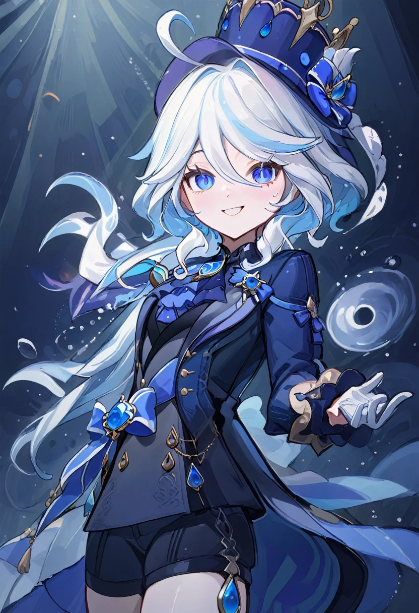 furina,1girl, blue eyes, solo, hat, long hair, looking at viewer, smile, blue hair, bangs, bubble, hair between eyes, white hair, , closed mouth, crown, multicolored hair, air bubble, light rays, ribbon, virtual youtuber, gem(best quality), ((masterpiece)), (highres), (an extremely delicate and beautiful), Instead of furina's default outfit, she's wearing a plaid jacket and jeans.