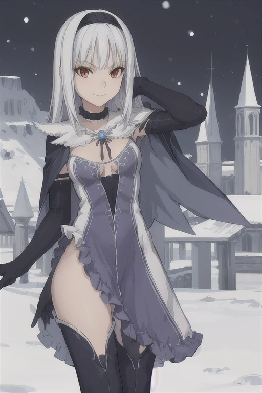 1girl, aira, blanc neige, smile, galdinius hairband, black elbow gloves, blue dress cleavage, frilled choker, long black cape, black thighhighs frills, blue gemstone, snow, city, best quality, masterpiece, looking at viewers 