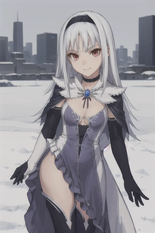 1girl, aira, blanc neige, smile, galdinius hairband, black elbow gloves, blue dress cleavage, frilled choker, long black cape, black thighhighs frills, blue gemstone, snow, city, best quality, masterpiece, looking at viewers 