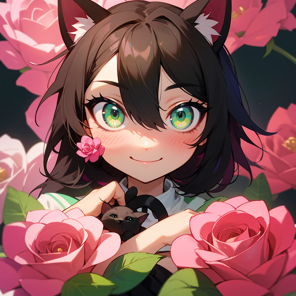 1 multicolor kitten face in the center of a pink rose. Green eyes kitten,smiling kitten face in the center of the rose.