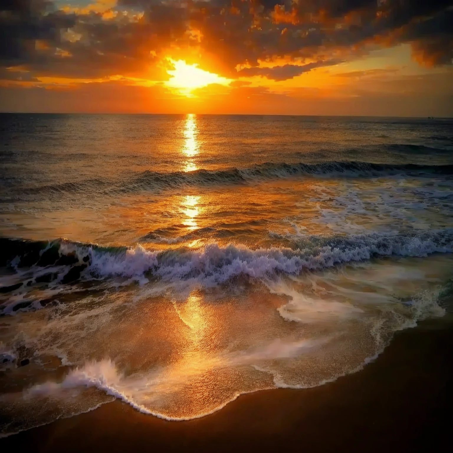 An absolutely mesmerizing sunset over the beach, with a blend of oranges, pinks, and yellows filling the sky. Crystal-clear waters of the sea gently kissing the shore, with sandy white beach stretching far and wide. The scene is dynamic and breathtaking, with seagulls soaring high in the sky and gently swaying palm trees. Take in the calming atmosphere and let the peacefulness wash over you.
