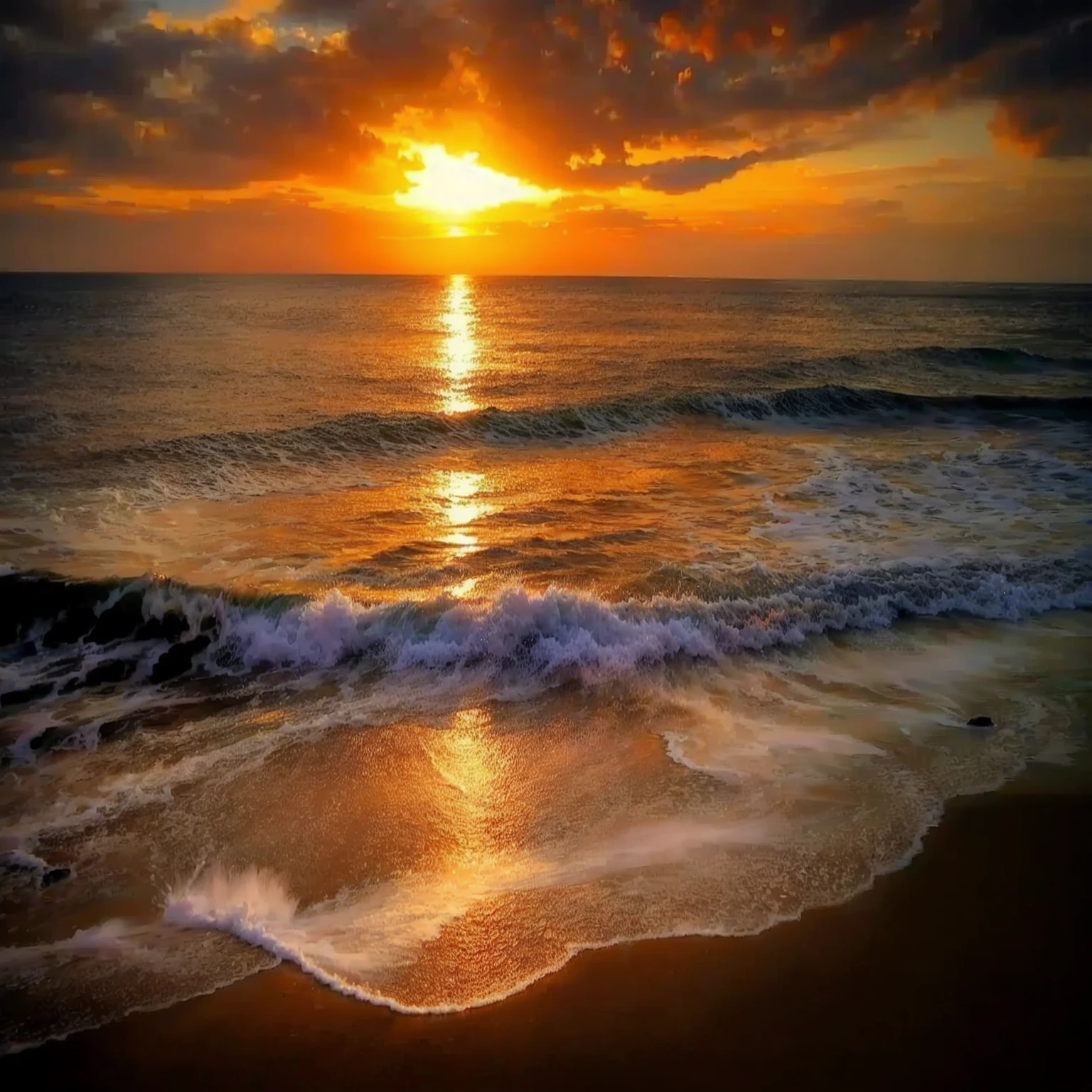 An absolutely mesmerizing sunset over the beach, with a blend of oranges, pinks, and yellows filling the sky. Crystal-clear waters of the sea gently kissing the shore, with sandy white beach stretching far and wide. The scene is dynamic and breathtaking, with seagulls soaring high in the sky and gently swaying palm trees. Take in the calming atmosphere and let the peacefulness wash over you.
