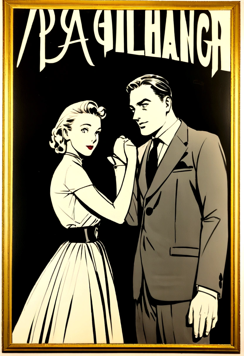 a man is holding a woman in a dress and a suit, vintage noir, publicity photo, old hollywood, poster shot, by Stan Galli, by George Hurrell, noir film, 1940s photo, preston blair, promo photograph, irresistible, film noir, model pose, promo shot, by Pat Adams, by Dennis Ashbaugh, color