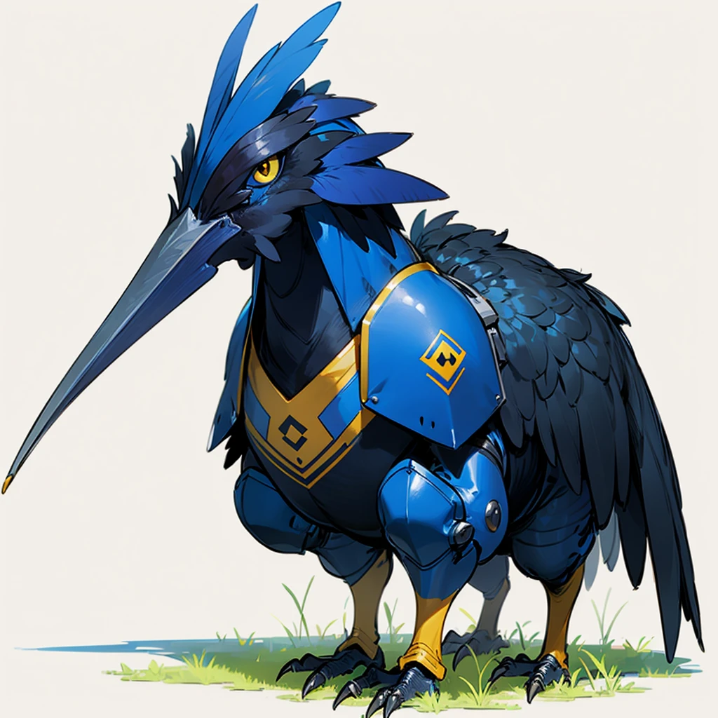(Random Evolution, Colossal chicken mixed cassowary), armor body, full body version, full blue colour skins, (yellow eyes), (Grassroots), no background