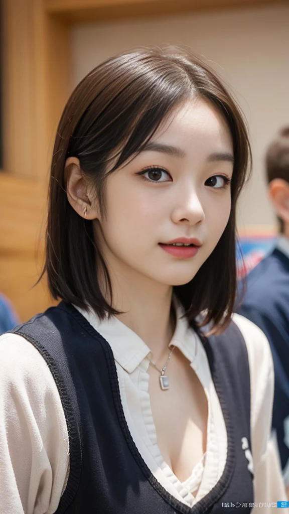 Highly detailed CG unity 8k wallpaper, of the highest quality, Super detailed, masutepiece, Realistic, photographrealistic, extremely detailed cute girl, 25yo, cleavage , (perspired) , Round eyes, peeping at the viewer, Blush, Smile, parted lip, Semi-body shot , Realistic、track suit、Realistic reproduction with vests , Panties , Squat, sports gym, short hair
