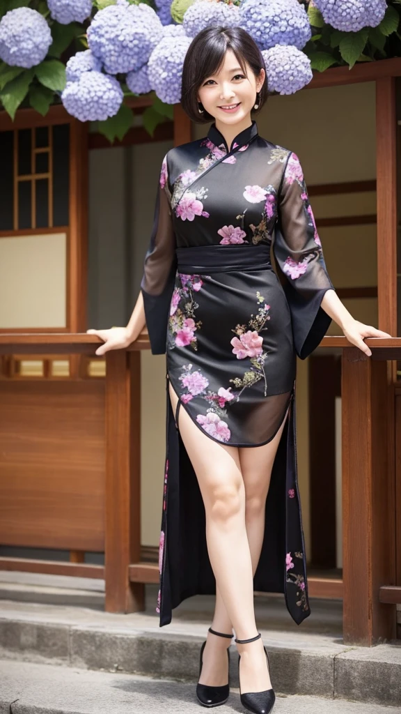 Japanese women 40 years old Mature Woman Hydrangea patterned Chinese dress slit Black Pantyhose smile