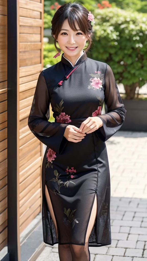 Japanese women 40 years old Mature Woman Hydrangea patterned Chinese dress slit Black Pantyhose smile