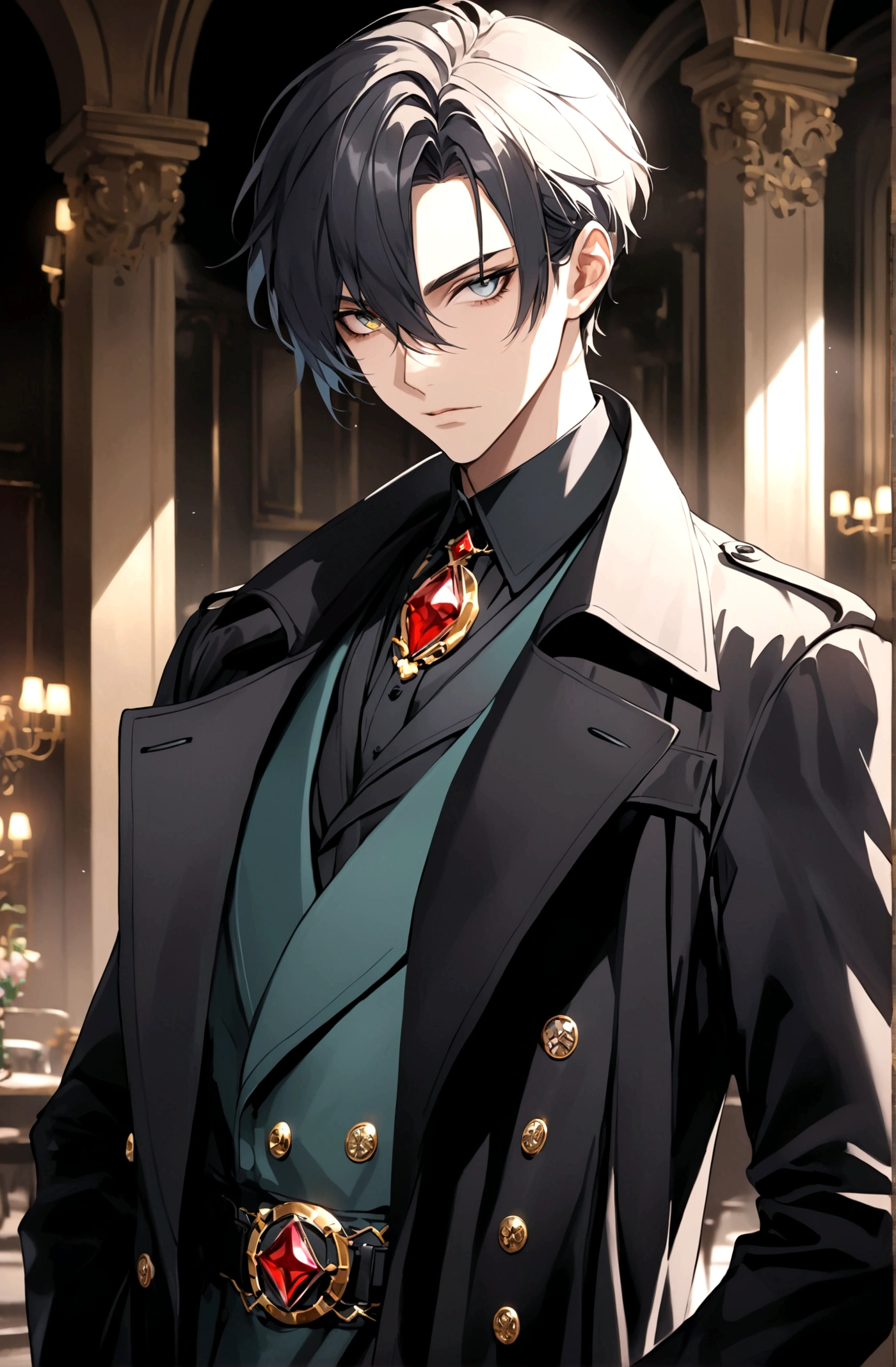 Poker face,Exquisite facial features,Young male,Black trench coat