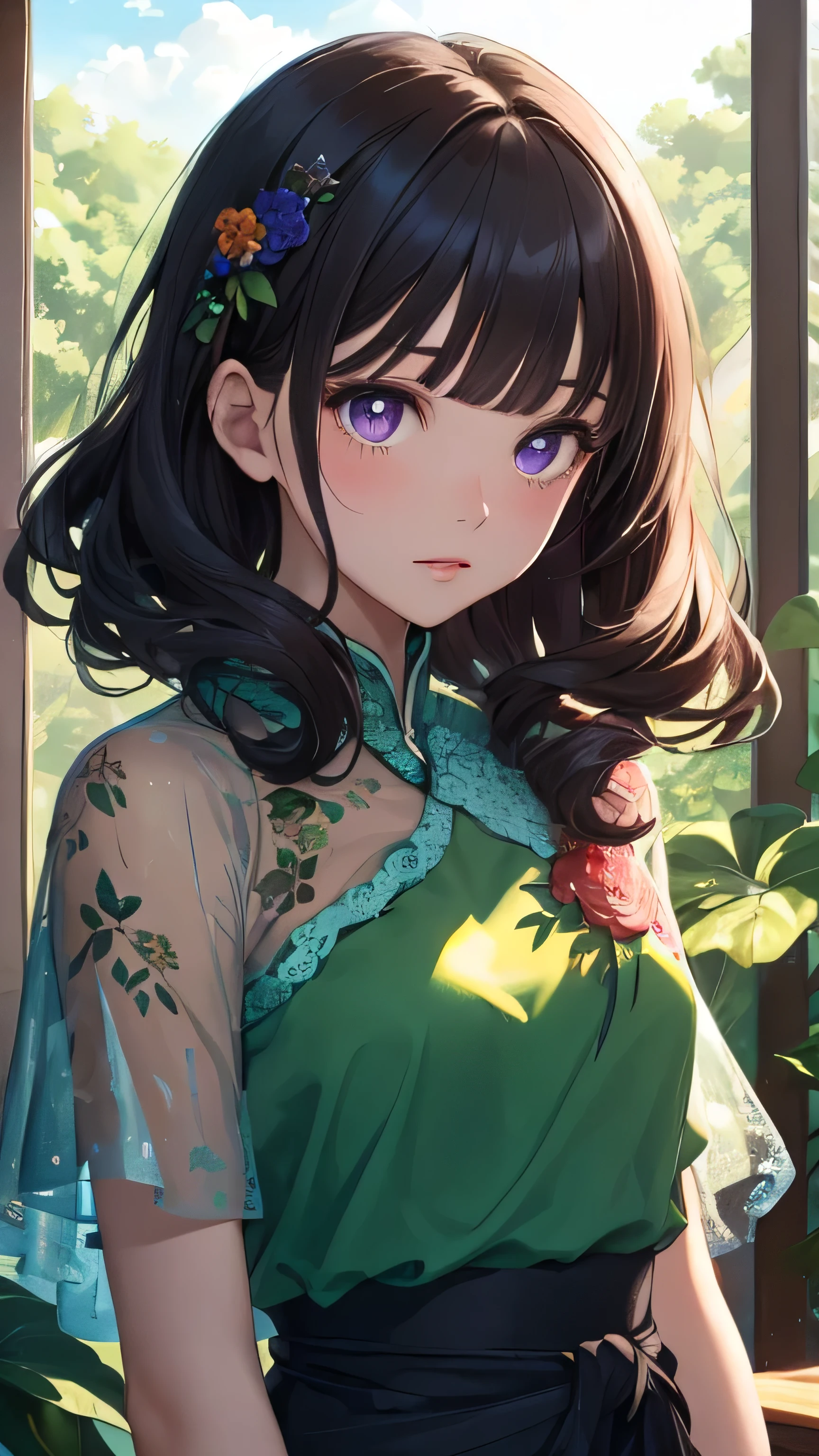 (Close-up of the painting style,ultra hd 8k,Masterpiece grade CG wallpaper),Cinematic lighting,cute girly,Delicate and beautiful face,Dreamy pupils,Wearing a small floral blouse,bound waist,Green shawl,Bust poem,Sit,Cloudy background,long curly dark blue hair, Blunt Bangs,purple eyes,the trees,florals,summer,Chinese style buildings。