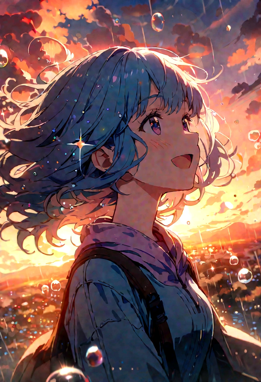 masterpiece, Highest quality, Movie stills, One girl, Cloud Girl, Floating in the sky, close, bright, Happy, Warm and soft lighting, sunset, (spark:0.7), rain, Sparkling, Bubble