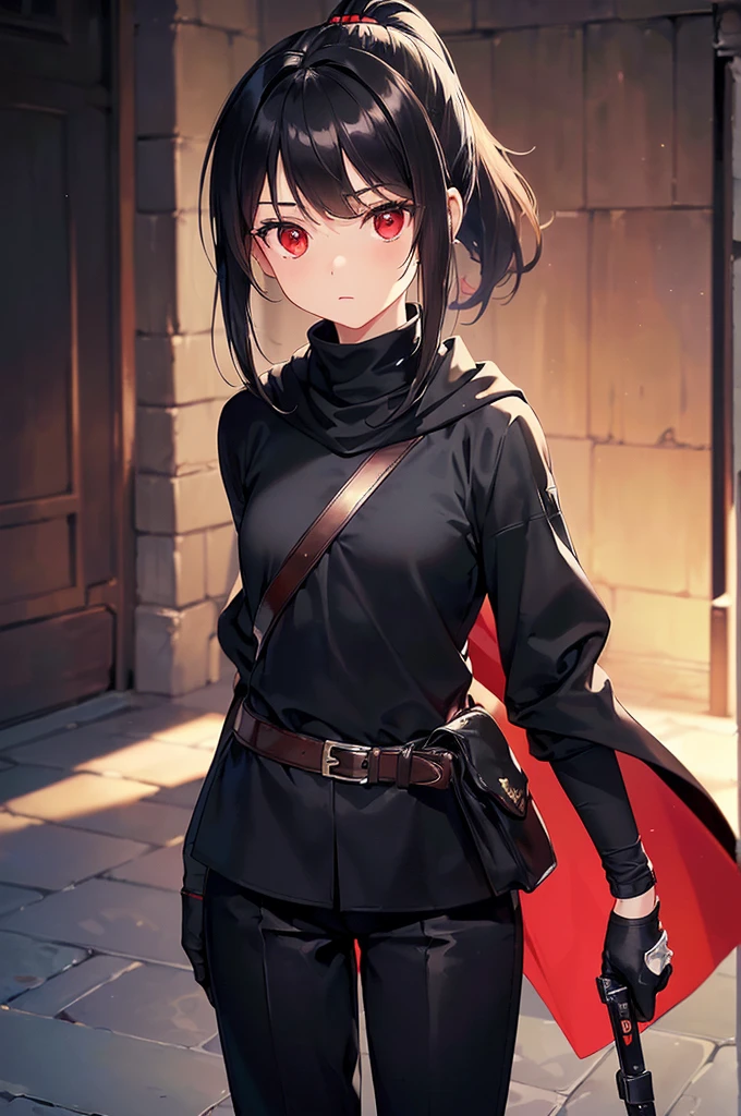 (masterpiece; best quality: 1.2), (finely detailed eyes: 1.3), ((10 year old female kid)), ((solo)), (red eyes: 1.4), (body; short, slender: 1.3), (black hair in ponytail: 1.3), (beautiful and clear background: 1.2), ((depth of field)), (clothes: assassin attire + black turtleneck + black pants + long black hooded cape + black gloves + light armor + satchel: 1.3), (anime illustration: 1.2), (background; medieval alleyway: 1.1), (extremely fine and beautiful: 1.1), (shot composition; standing + centered on torso + close-up: 1.5), (expression; calm, stoic: 1.2)