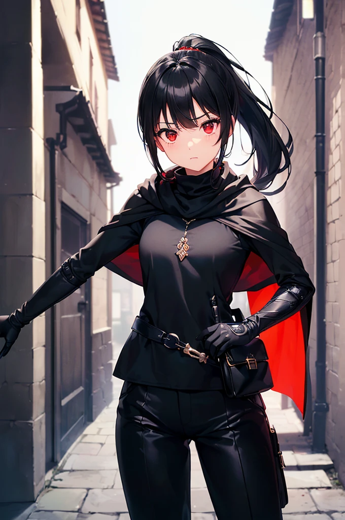 (masterpiece; best quality: 1.2), (finely detailed eyes: 1.3), ((10 year old female kid)), ((solo)), (red eyes: 1.4), (body; short, slender: 1.3), (black hair in ponytail: 1.3), (beautiful and clear background: 1.2), ((depth of field)), (clothes: assassin attire + black turtleneck + black pants + long black hooded cape + black gloves + light armor + satchel: 1.3), (anime illustration: 1.2), (background; medieval alleyway: 1.1), (extremely fine and beautiful: 1.1), (shot composition; standing + centered on torso + close-up: 1.5), (expression; calm, stoic: 1.2)