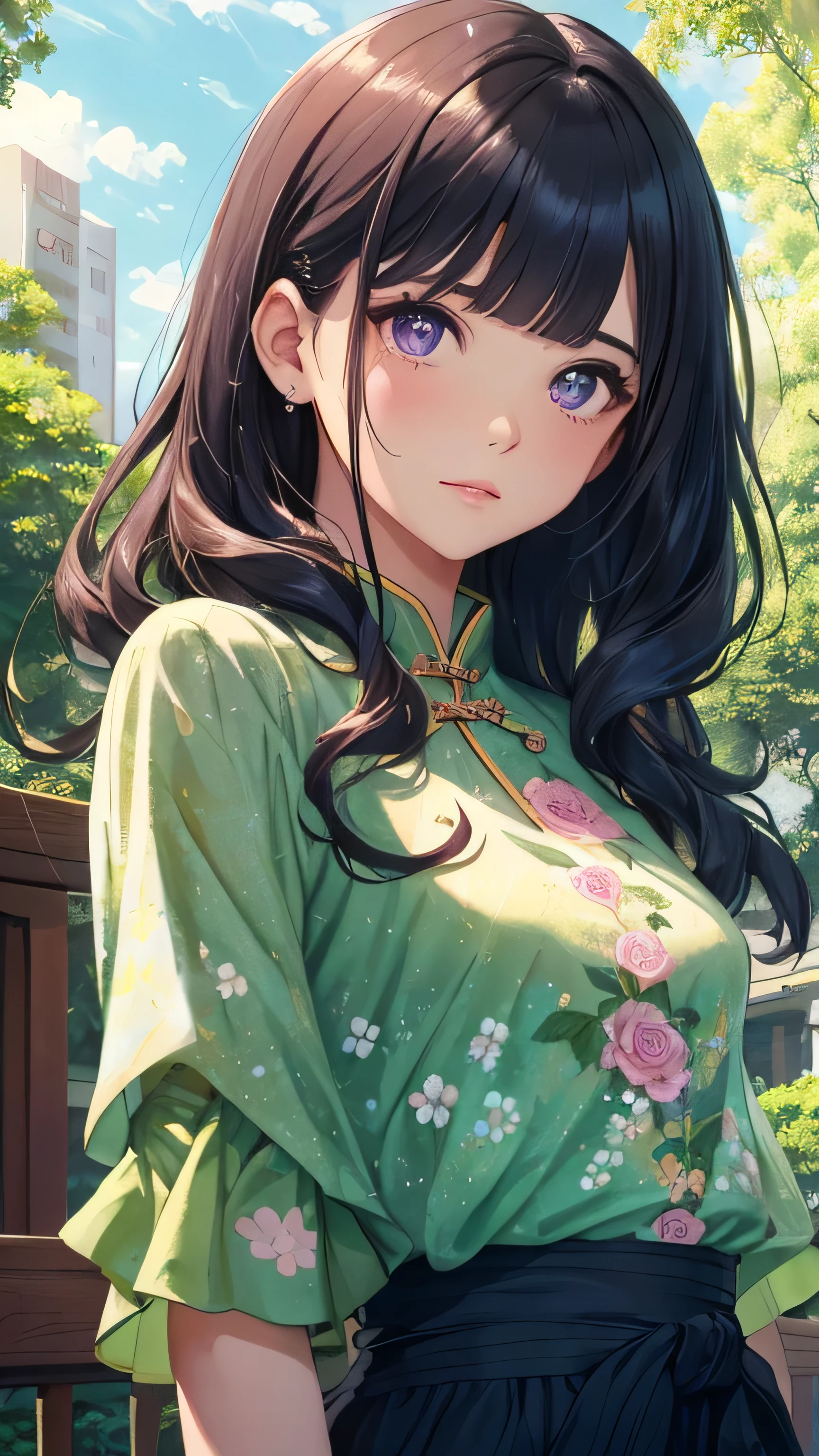 (Close-up of the painting style,ultra hd 8k,Masterpiece grade CG wallpaper),Cinematic lighting,cute girly,Delicate and beautiful face,Dreamy pupils,Wearing a small floral blouse,bound waist,Green shawl,Bust poem,Sit,Cloudy background,long curly dark blue hair, Blunt Bangs,purple eyes,the trees,florals,summer,Chinese style buildings。