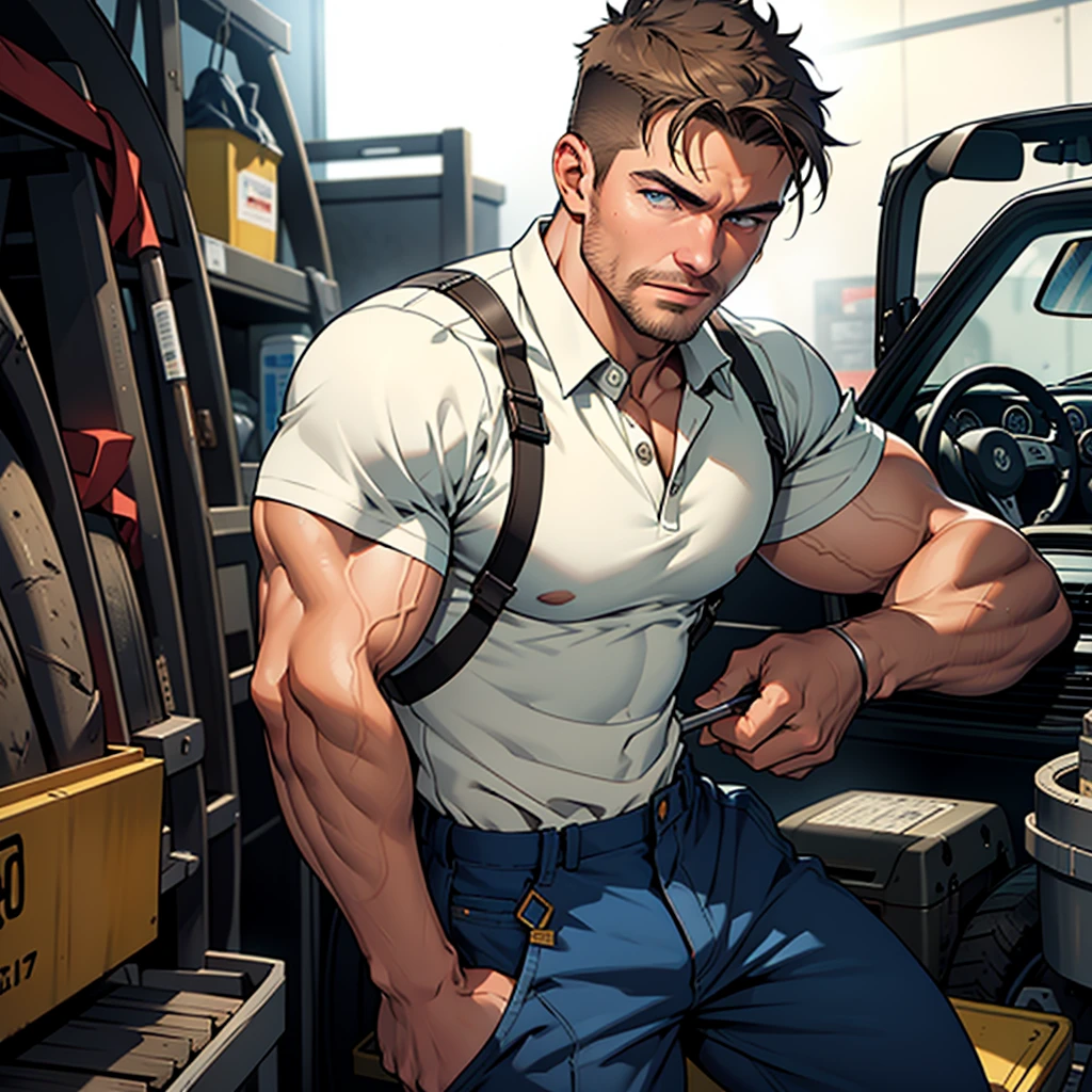 masterpiece , 32k , best quality ,very  very detailed face , detailed fingers ,detailed hands, detailed eyes, 1man, hunk man,muscled and mature, stephen amell as a mechanic wearing totally unbuttoned overall, showing muscles , mechanic tools , sweating, tight cloth, , full body view , working  on a car, background race cars ,workshop. Tools, .... car mechanical stuff 