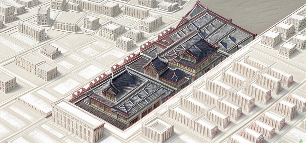 Top view，Aerial View，大城市antiquity商业街，Highest quality，Chinese Ink Painting，antiquity,Decorative Arts，Sloped roof，Best quality,Architectural Photography,Photorealism,Hyperrealism,Ultra Detailed，V-ray，（architectural design），城市antiquity商业街