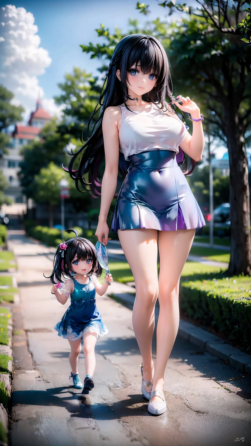 A very beautiful 21-year-old mother and her very cute -yeld dater are having a fun walk in the park、Tank top、mini skirt、Long Hair、Slim body、Thin legs、Beautiful body、high resolution、8K、(smile)