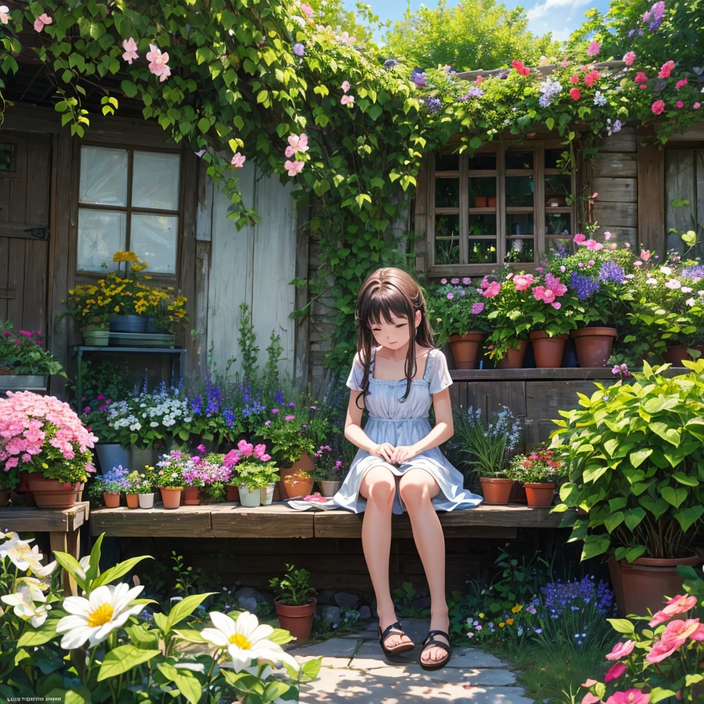 spring has arrived, a girl is busy taking care of flowers in the small garden in her yard, sunlight exposure, warm color, vibrant, beauty, peaceful, high quality, Ultra HD, 4k, 8k, hyper detailed, extreme detail description