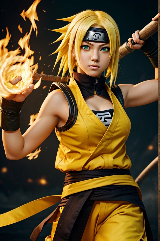 Naruto female version has yellow eyes and on her chest she wears bands of short yellow hair and green tips and that she is a ninja and uses fire breathing.
