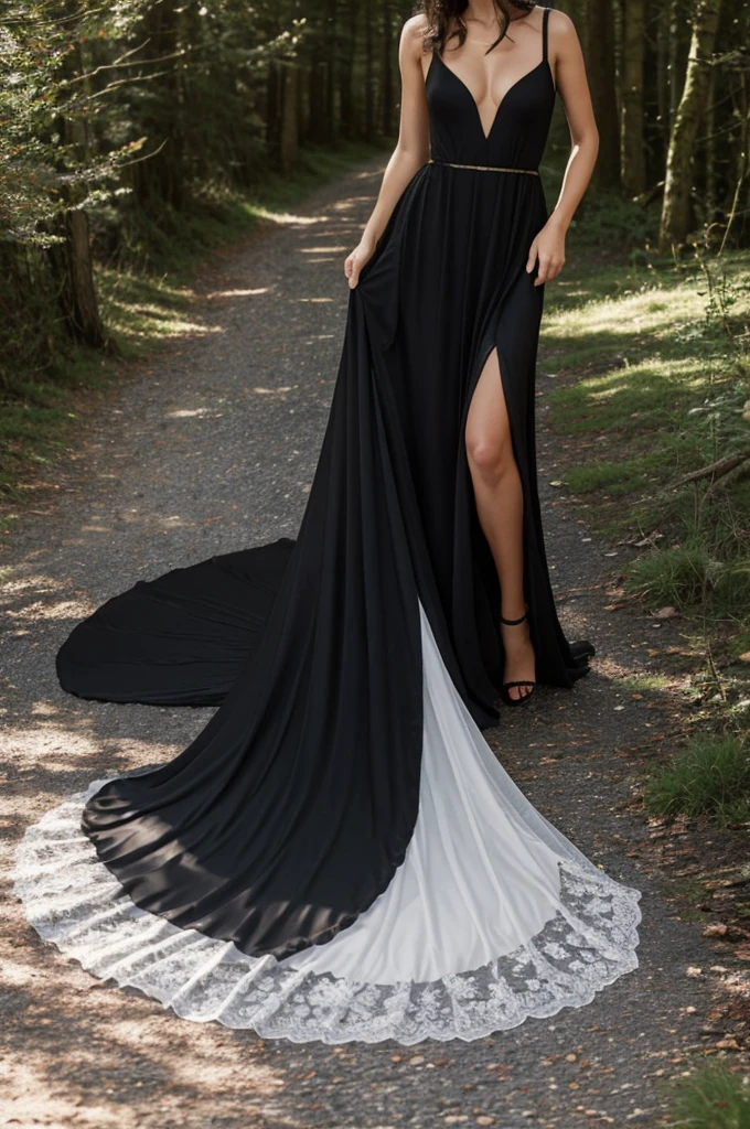 Une robe de couleur noire, elle est longue avec un me grande fente qui monte jusqu'à la hanche, elle a un col roulé et des manches longues, au bout des manches il y a des mitaines intégrée, il y a des endroit vers le torse ou la robe est transparente afin qu'on voient le torse