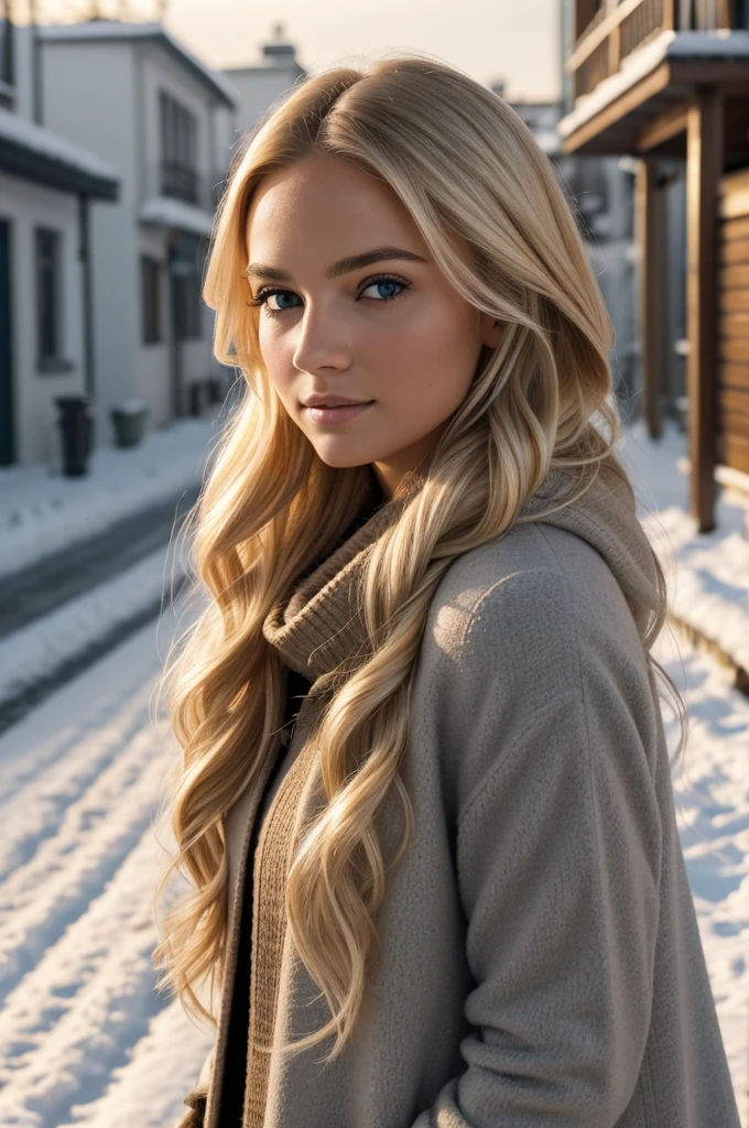 proFessional portrait photograph oF a gorgeous Norwegian girl in winter clothing with long wavy blonde hair, sultry Flirty look, gorgeous symmetrical Face, lindo maquillaje natural, wearing elegant warm winter Fashion clothing, ((parado afuera en una calle nevada de la ciudad)), impresionante entorno urbano moderno, ultra realista, arte conceptual, elegant, muy detallado, Intrincado, sharp Focus, depth oF Field, F/1. 8, 85mm, Tiro medio, plano medio, (((proFessionally color graded))), bright soFt diFFused light, (volumetric Fog), tendencia en instagram, hdr 4k, 8k