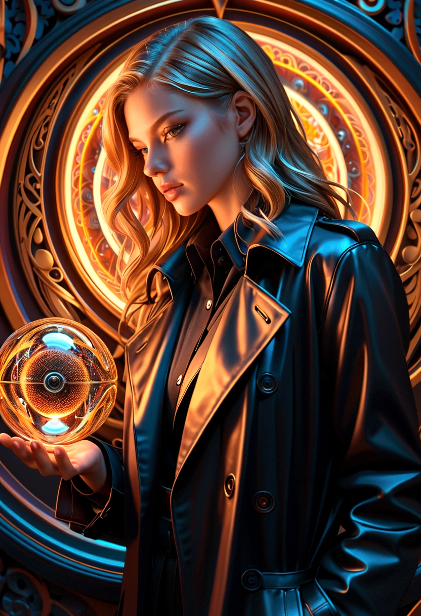 Optical illusion, Agent_ Black trench coat,Artwork by Brandon Woelfel (Alex Gray:1.07), Fantasy Art, High Detail, number, complex, 8K, ((Very detailed)), light, 戏剧性的light, intense, Clear focus, best quality, Ultra Detail.