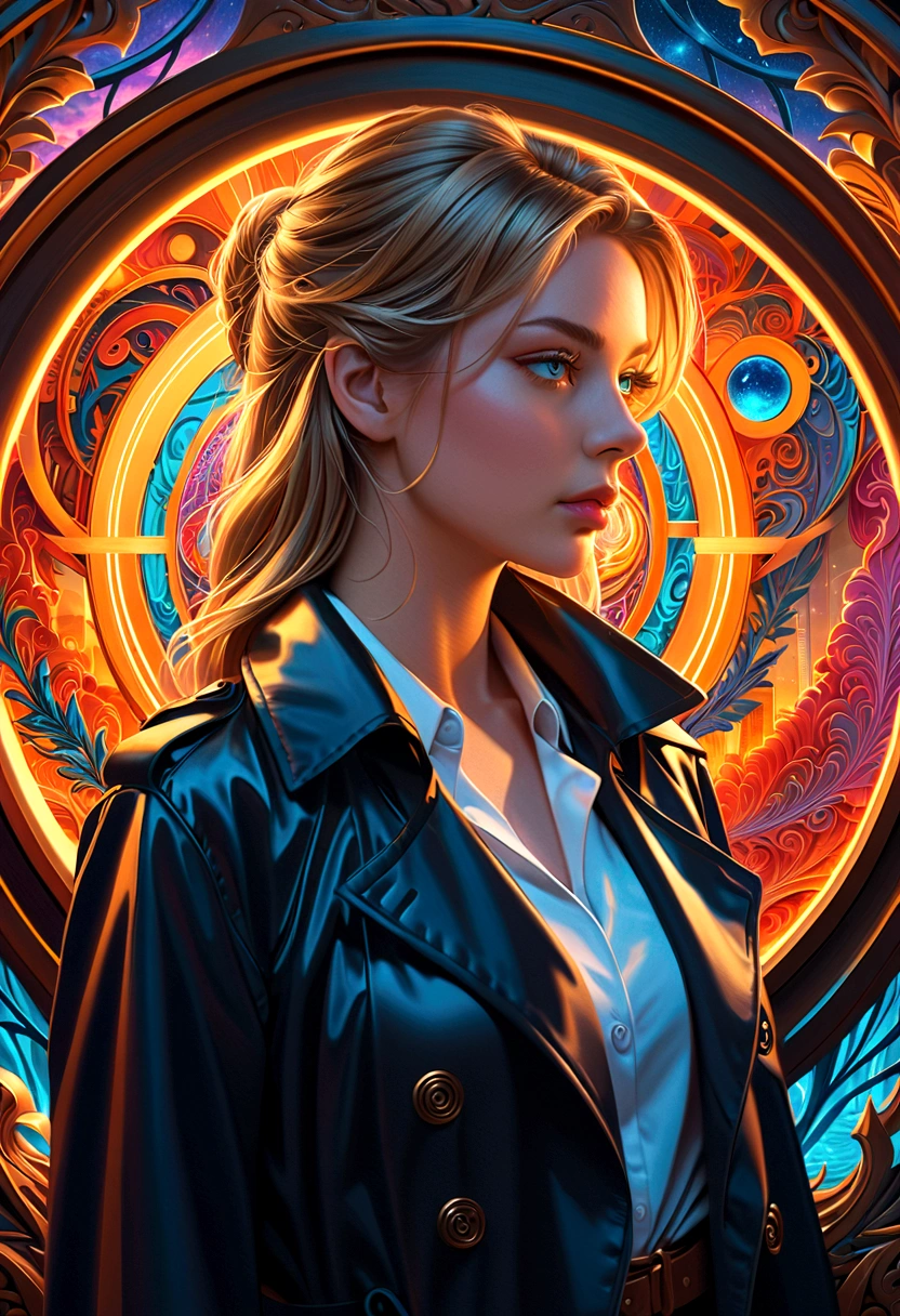 Optical illusion, Agent_ Black trench coat,Artwork by Brandon Woelfel (Alex Gray:1.07), Fantasy Art, High Detail, number, complex, 8K, ((Very detailed)), light, 戏剧性的light, intense, Clear focus, best quality, Ultra Detail.