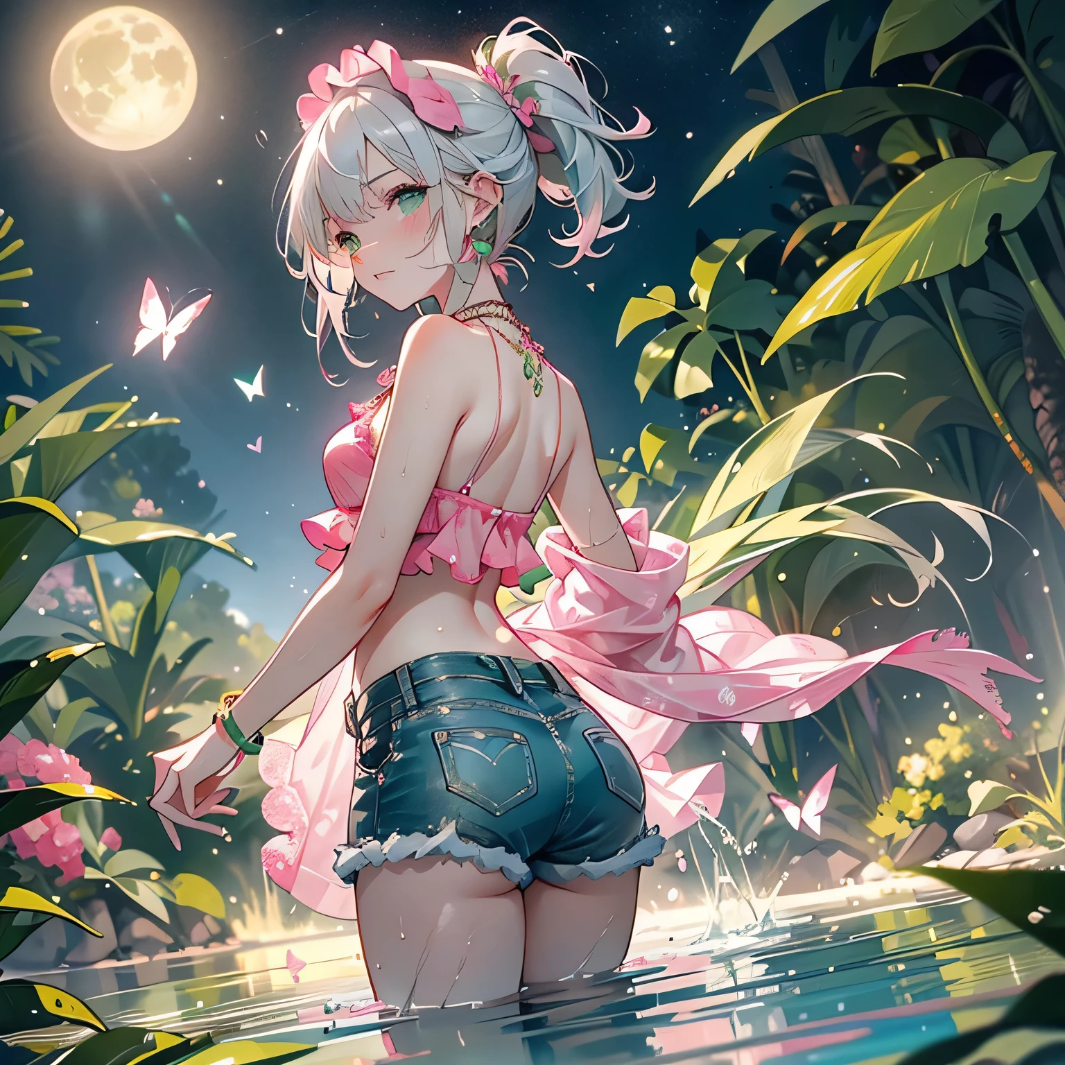 looking back,low angle,from below,(beautiful pink and green butterflies all over the place),
((masterpiece:1.4, best quality)), ((masterpiece, best quality)),low angle,beautiful pony tail silver green hair,beautiful pink eyes,little cute girl,wet full body, bathing in the water,water falls,water splash,lovely laugh,denim shorts,pink and green baseball cap, ((pink and green elegant summer bikini)), (Lace chalker, wristband, diamond necklace,earrings),cinematic lighting and pause,beautiful natural mysterious park,night sky,full moon,(beautiful pink and green butterflies all over the place),