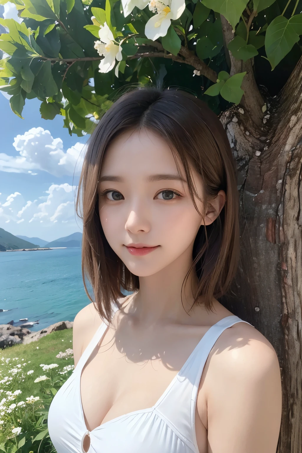 Ultra-high resolution、(masterpiece:1.3), (8K, Best image quality: 1.4)、 (Real:1.4)、One beautiful woman、Beautifully detailed eyes and skin、Small Smile、Light brown short hair、Strong winds、Hair swaying in the wind、Close-up of face、Summer sleeveless shirt、Small bust、White flowers in the meadow々、wood々White flowers、wood々Beyond the sea、Cloudy blue sky、Cliff rock face、Rocky Mountain、Soft afternoon sunshine、Cheerful pose、