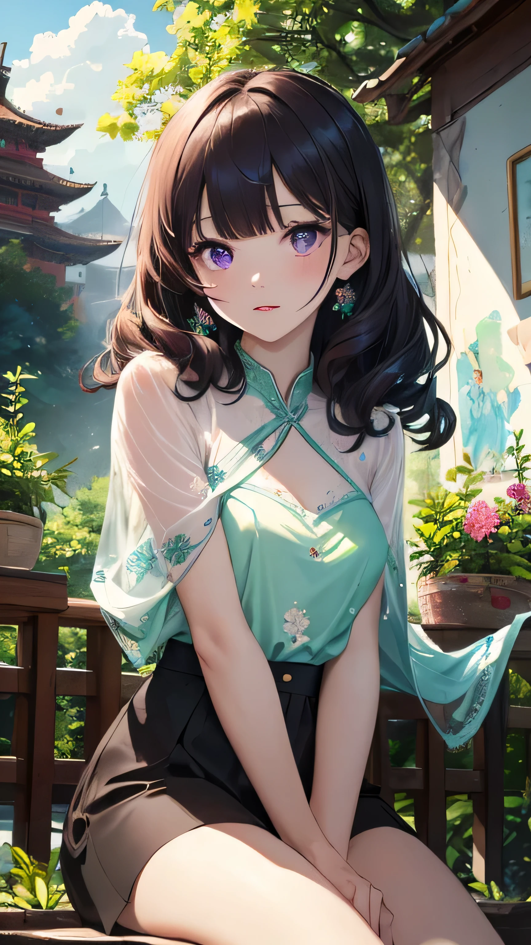 (Close-up of the painting style，ultra hd 8k，Masterpiece grade CG wallpaper)，Cinematic lighting，cute girly，Delicate and beautiful face，Dreamy pupils，Wearing a small floral blouse，bound waist,Green shawl,Bust poem,Sit，Cloudy background,long curly dark blue hair, Blunt Bangs,purple eyes,the trees,florals,summer,Chinese style buildings。