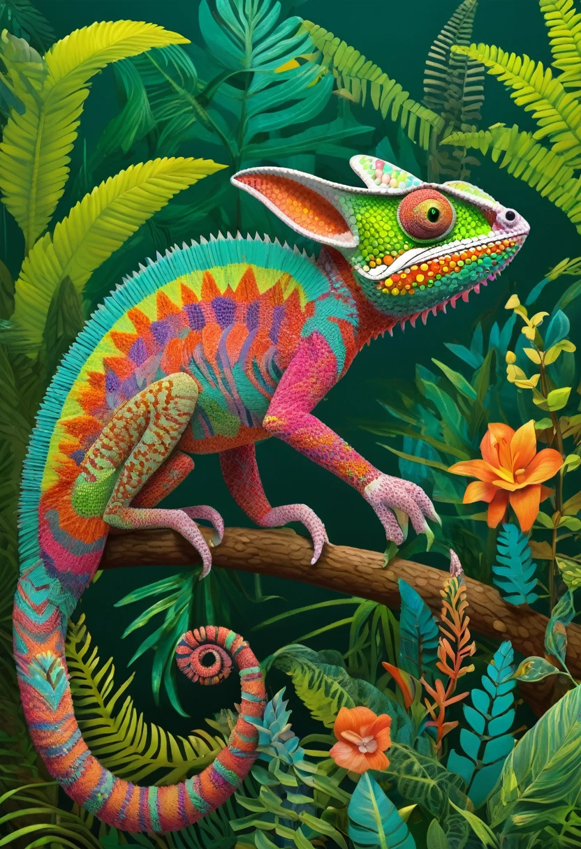 Future genetic engineering will incorporate living organisms into works of art., Covered by animals, flora. Alebrije, masterpiece, Hyper HD, Axonometric diagram, jungle. chameleon