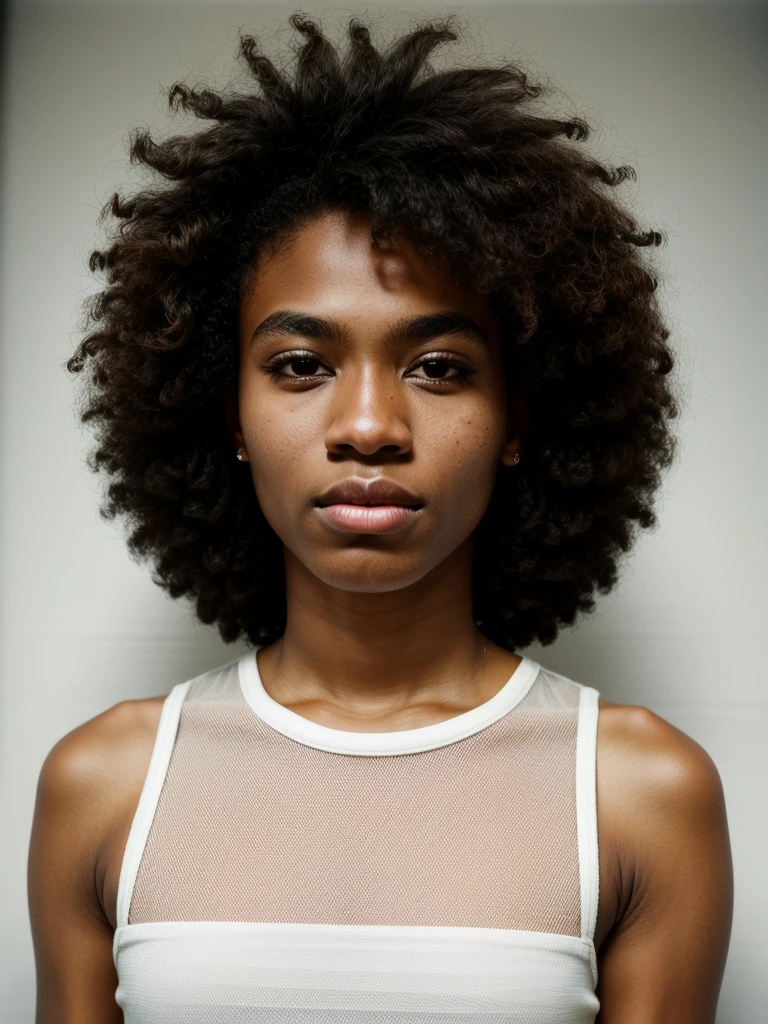 ultra-high-resolution 8K, best quality, (photo realistic:1.4), fashion model, american, man, 20years old, medium brown skin, square face, black and small eyes, stern eyes, thick and straight eyebrows, snub nose, plump lips, fair skin with detailed and realistic skin texture, afro-textured hair, medium hair, single eyelid, closed mouth, wearing white no-sleeve top, exuding the vibe of a fashion model with a neutral, serious expression, (from behind), upper body, detailed hair, hollow cheeks,portrait lighting, epiC35mm