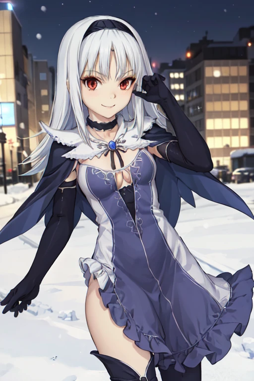 1girl, aira, blanc neige, smile, galdinius hairband, black elbow gloves, blue dress cleavage, frilled choker, long black cape, black thighhighs frills, blue gemstone, snow, city, best quality, masterpiece, looking at viewers 