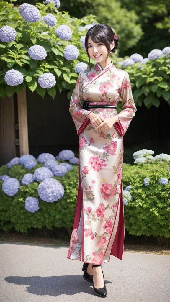 Japanese women 30 years old Mature Woman Chinese long dress with hydrangea pattern slit Black Pantyhose smile