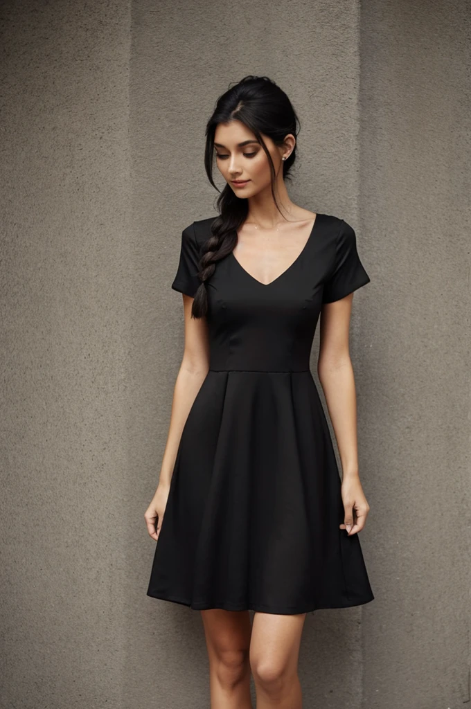 A long black dress, let it be with a heart neckline, short sleeves, attached to the body with a duck tail