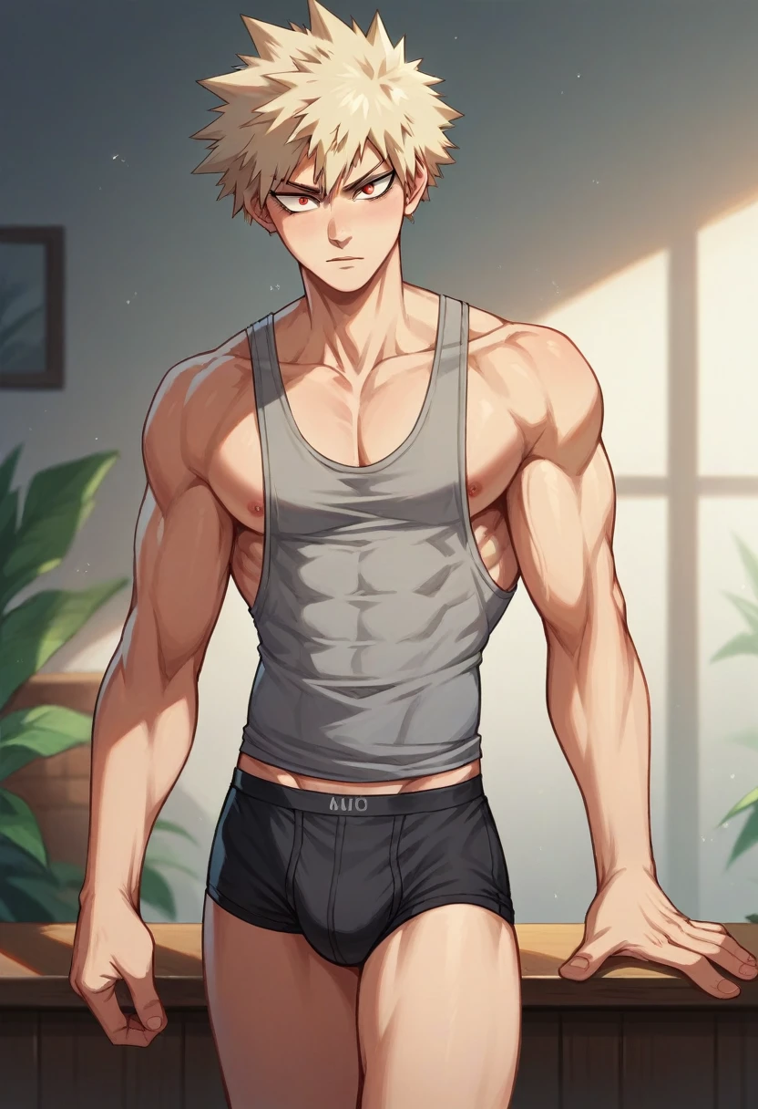 Katsuki Bakugou, blondie hair, muscular and attractive body, beautiful  face, wearing a gray tank top, defined arms and ?????, Eyes red, tall stature, wearing a black briefs, In a room.