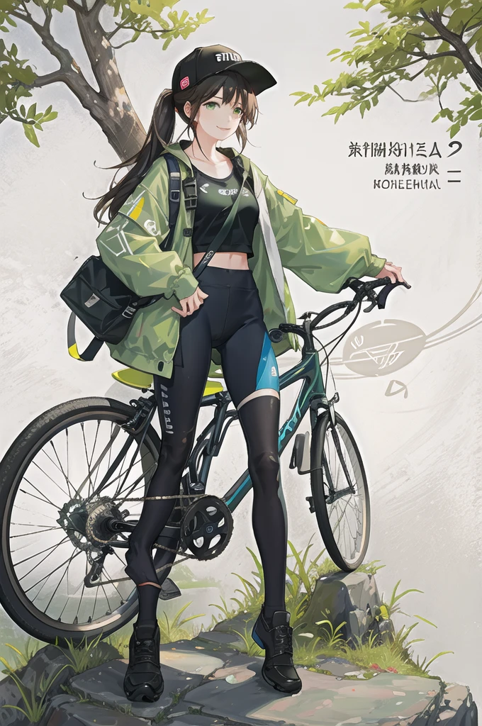 Intellectual woman riding bicycle through city park，Comfortable sportswear，Carrying a canvas bag，Smiling emoticon，Green leafy background，Fresh and natural atmosphere，Lifestyle street style