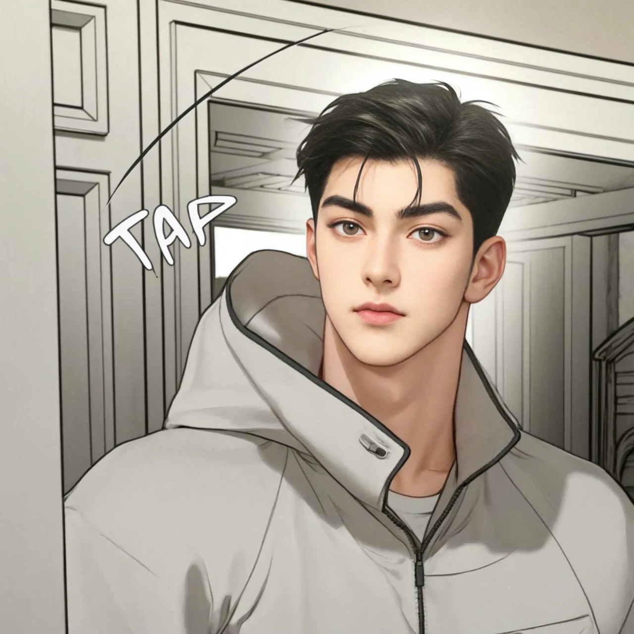 masterpiece, 1boy, adult, handsome, black hair, undercut hair, perfect face, detailed eyes and face, black eyes, clean shaved, muscular, capturing a rural atmosphere, dynamic lighting, unreal engine 5, jacket