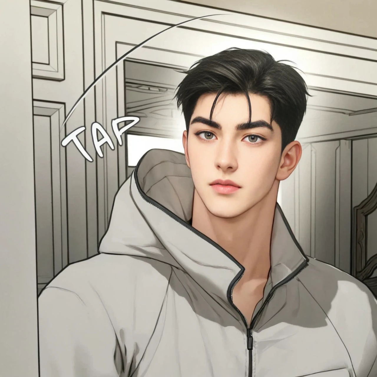 masterpiece, 1boy, adult, handsome, black hair, undercut hair, perfect face, detailed eyes and face, black eyes, clean shaved, muscular, capturing a rural atmosphere, dynamic lighting, unreal engine 5, jacket