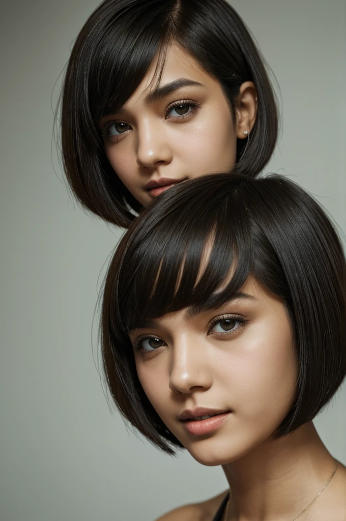 Girl with slanted eyes, with a bob cut hair,swarthy skin.