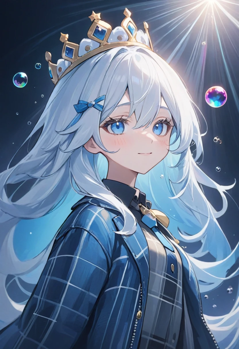 furina,1girl, blue eyes, solo, hat, long hair, looking at viewer, smile, blue hair, bangs, bubble, hair between eyes, white hair, , closed mouth, crown, multicolored hair, air bubble, light rays, ribbon, virtual youtuber, gem(best quality), Instead of furina's default outfit, she's wearing a plaid jacket and jeans.